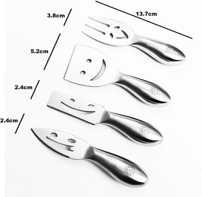 Stainless Steel 4 Pieces Smiling Faces Cheese Knife Set: Hard and Soft Cheese Knives, Serving Fork & Cheese Spreader