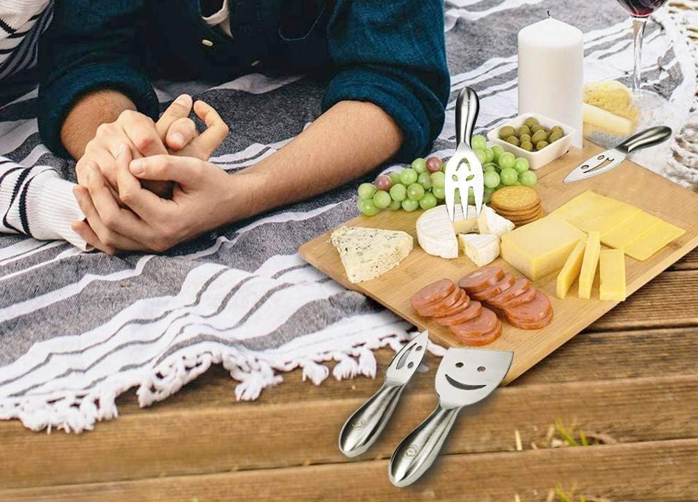 Stainless Steel 4 Pieces Smiling Faces Cheese Knife Set: Hard and Soft Cheese Knives, Serving Fork & Cheese Spreader