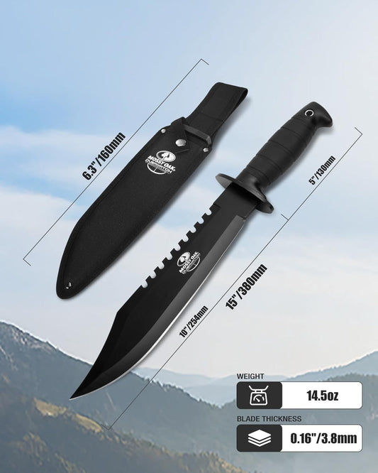 15-inch Survival Knife with Sharpener and Fire Starter | Fixed Blade Hunting Bowie Knife for Camping, Tactical, Outdoor
