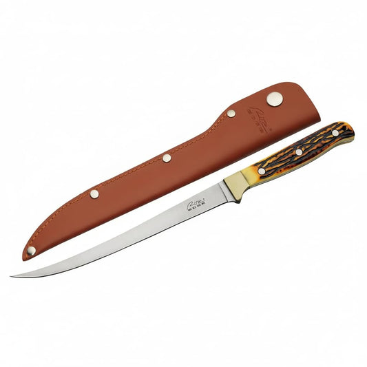 SZCO Supplies 12” Faux Stag Handle Full Tang Outdoor Fishing Fillet Knife With Leather Sheath, Brown/White,211560