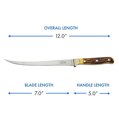 SZCO Supplies 12” Faux Stag Handle Full Tang Outdoor Fishing Fillet Knife With Leather Sheath, Brown/White,211560