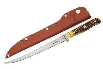 SZCO Supplies 12” Faux Stag Handle Full Tang Outdoor Fishing Fillet Knife With Leather Sheath, Brown/White,211560