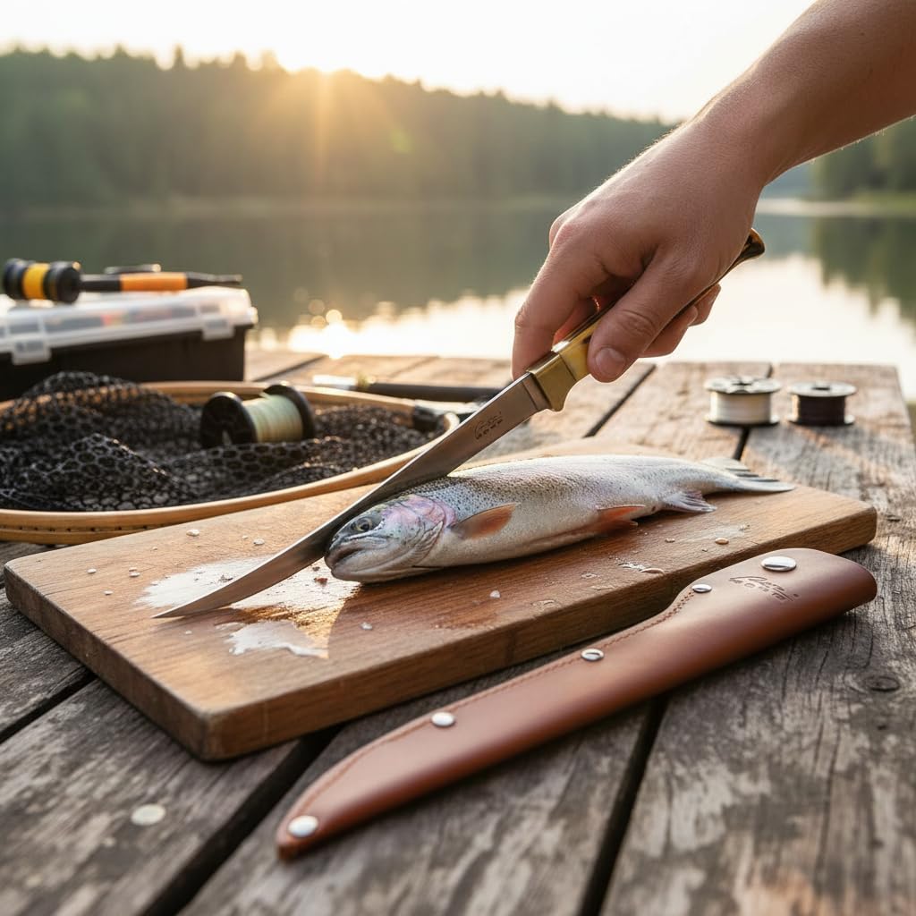 SZCO Supplies 12” Faux Stag Handle Full Tang Outdoor Fishing Fillet Knife With Leather Sheath, Brown/White,211560