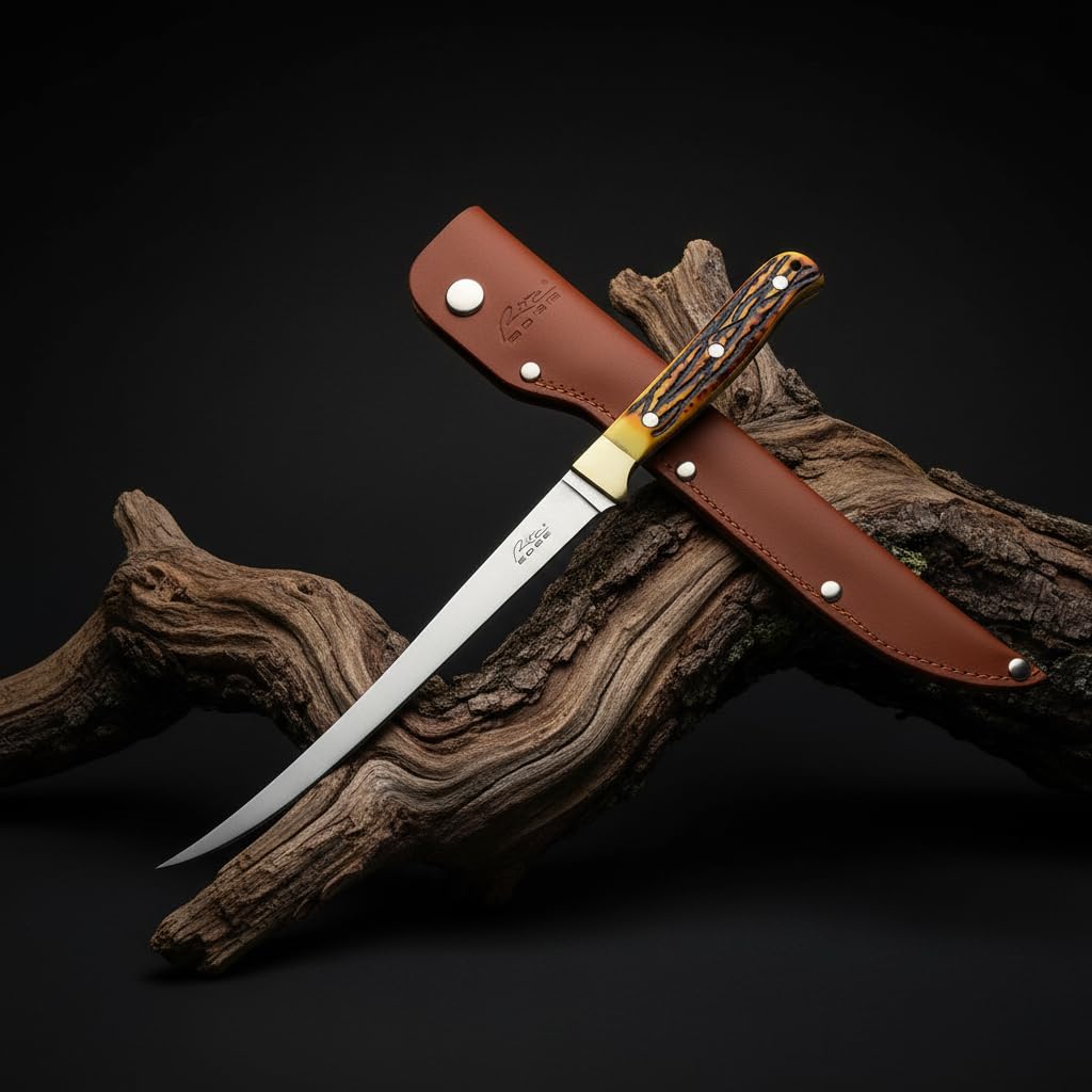 SZCO Supplies 12” Faux Stag Handle Full Tang Outdoor Fishing Fillet Knife With Leather Sheath, Brown/White,211560