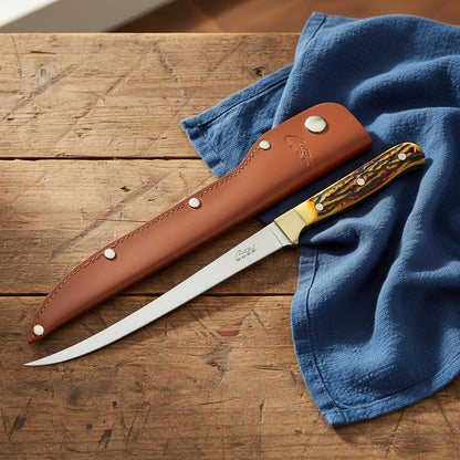 SZCO Supplies 12” Faux Stag Handle Full Tang Outdoor Fishing Fillet Knife With Leather Sheath, Brown/White,211560
