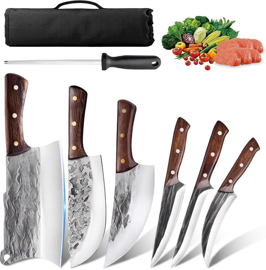 7 Pieces Butcher Knife Set with Roll Bag, Chef Knife Set for Meat Cleaver Cutting & Viking Knives with Ergonomic Handles, Stainless Steel Hand Forged Kitchen Knife Set for Home, Cooking, Camping