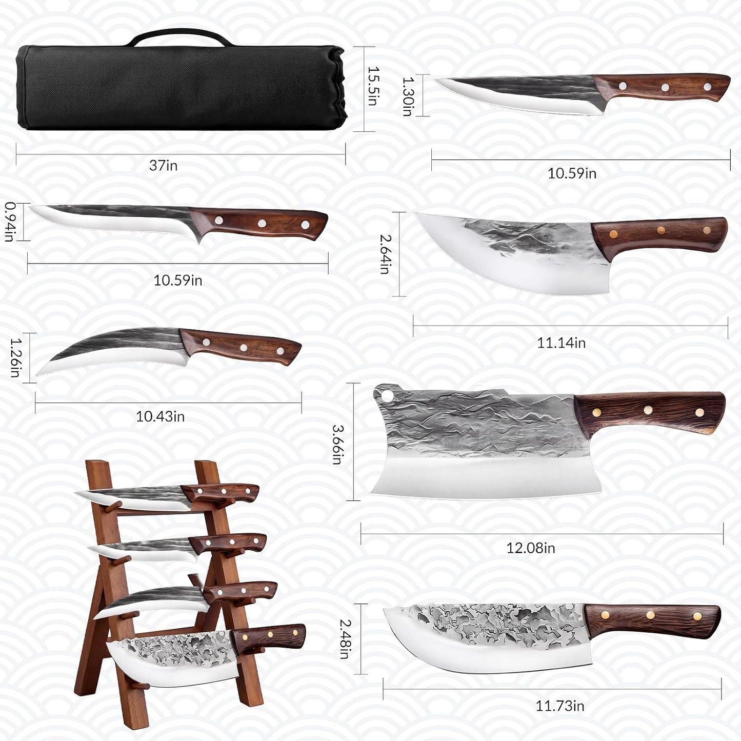 7 Pieces Butcher Knife Set with Roll Bag, Chef Knife Set for Meat Cleaver Cutting & Viking Knives with Ergonomic Handles, Stainless Steel Hand Forged Kitchen Knife Set for Home, Cooking, Camping
