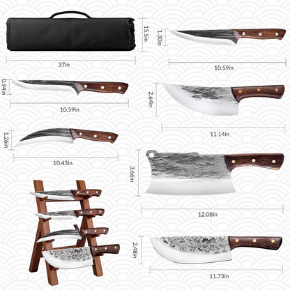 7 Pieces Butcher Knife Set with Roll Bag, Chef Knife Set for Meat Cleaver Cutting & Viking Knives with Ergonomic Handles, Stainless Steel Hand Forged Kitchen Knife Set for Home, Cooking, Camping