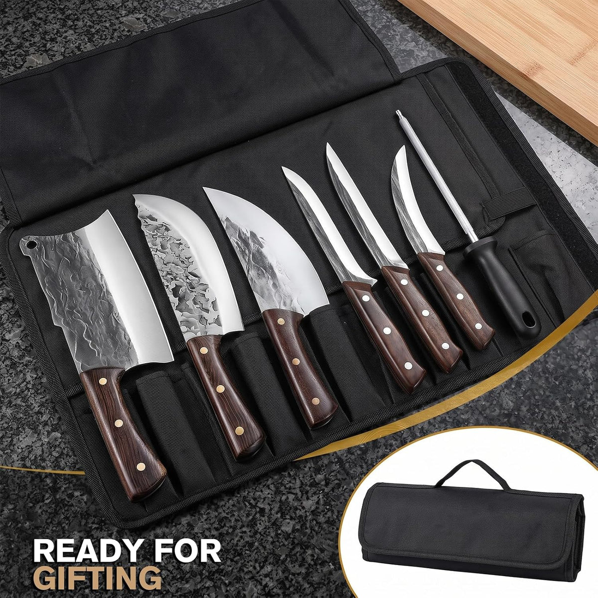 7 Pieces Butcher Knife Set with Roll Bag, Chef Knife Set for Meat Cleaver Cutting & Viking Knives with Ergonomic Handles, Stainless Steel Hand Forged Kitchen Knife Set for Home, Cooking, Camping