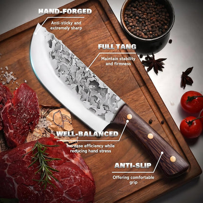 7 Pieces Butcher Knife Set with Roll Bag, Chef Knife Set for Meat Cleaver Cutting & Viking Knives with Ergonomic Handles, Stainless Steel Hand Forged Kitchen Knife Set for Home, Cooking, Camping