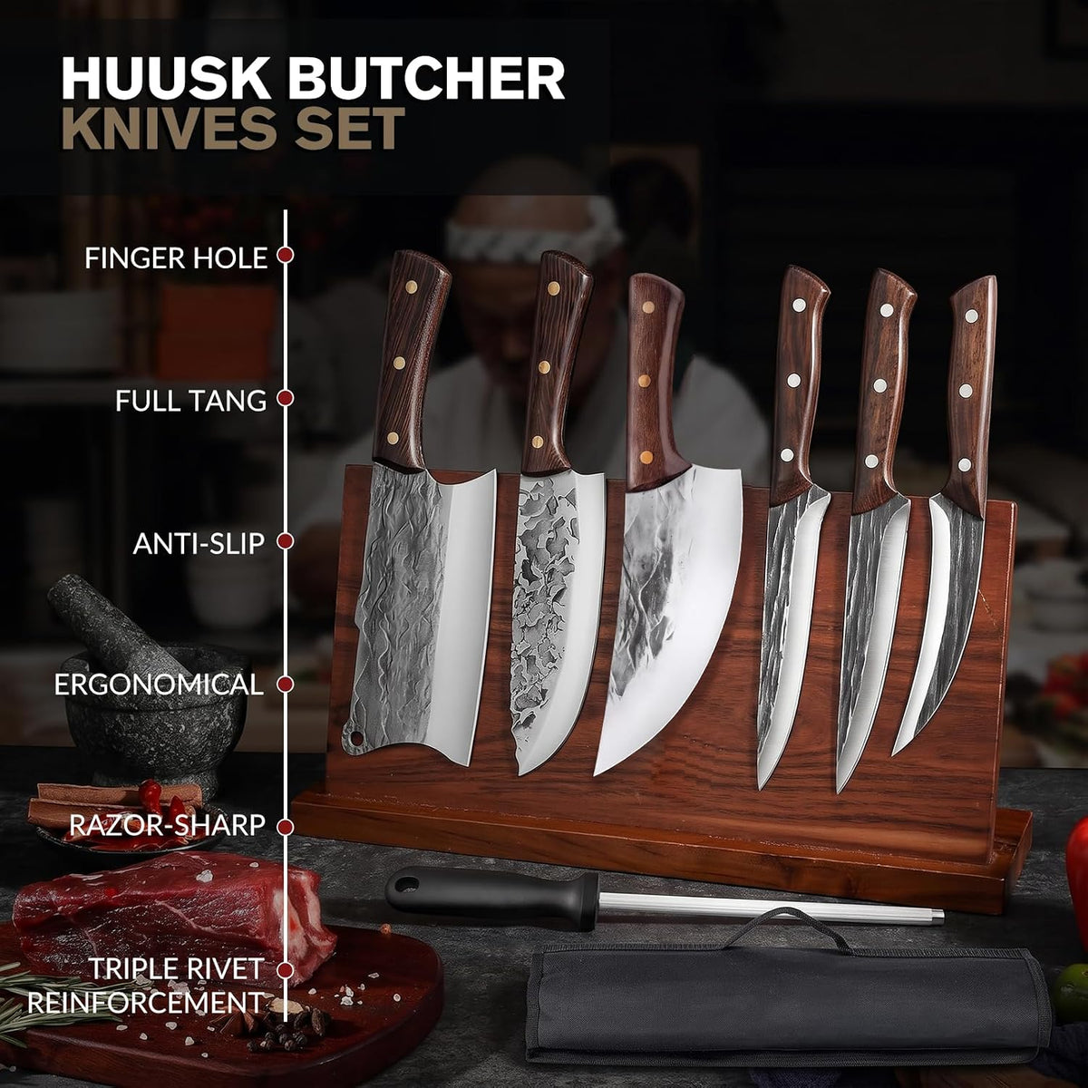 7 Pieces Butcher Knife Set with Roll Bag, Chef Knife Set for Meat Cleaver Cutting & Viking Knives with Ergonomic Handles, Stainless Steel Hand Forged Kitchen Knife Set for Home, Cooking, Camping