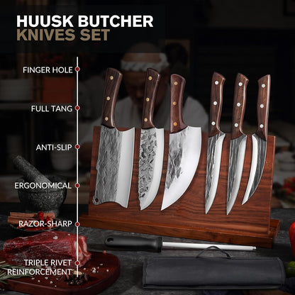 7 Pieces Butcher Knife Set with Roll Bag, Chef Knife Set for Meat Cleaver Cutting & Viking Knives with Ergonomic Handles, Stainless Steel Hand Forged Kitchen Knife Set for Home, Cooking, Camping