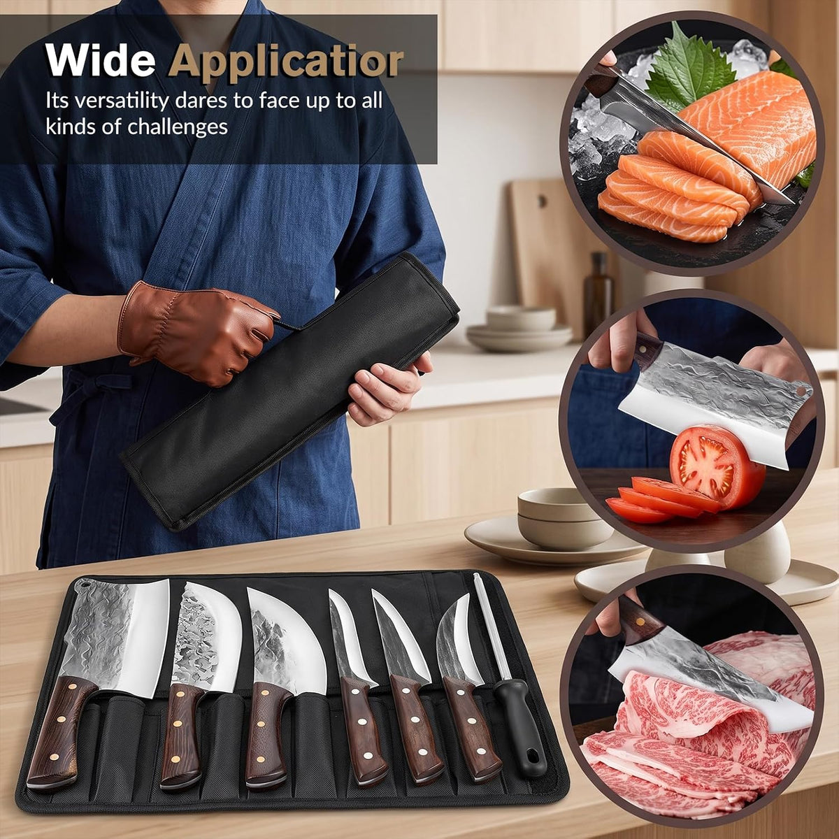 7 Pieces Butcher Knife Set with Roll Bag, Chef Knife Set for Meat Cleaver Cutting & Viking Knives with Ergonomic Handles, Stainless Steel Hand Forged Kitchen Knife Set for Home, Cooking, Camping