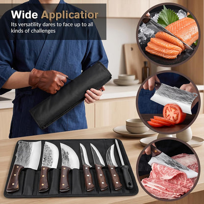 7 Pieces Butcher Knife Set with Roll Bag, Chef Knife Set for Meat Cleaver Cutting & Viking Knives with Ergonomic Handles, Stainless Steel Hand Forged Kitchen Knife Set for Home, Cooking, Camping