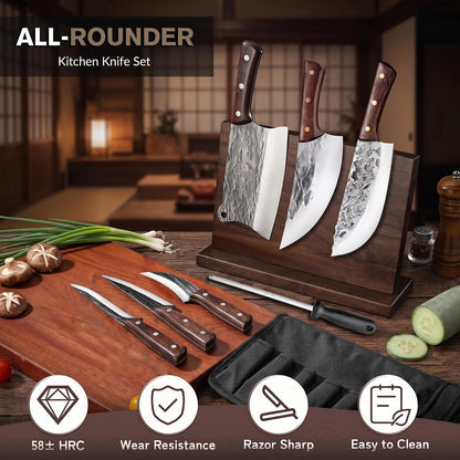 7 Pieces Butcher Knife Set with Roll Bag, Chef Knife Set for Meat Cleaver Cutting & Viking Knives with Ergonomic Handles, Stainless Steel Hand Forged Kitchen Knife Set for Home, Cooking, Camping
