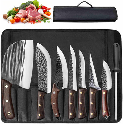 7 Pieces Butcher Knife Set with Roll Bag, Chef Knife Set for Meat Cleaver Cutting & Viking Knives with Ergonomic Handles, Stainless Steel Hand Forged Kitchen Knife Set for Home, Cooking, Camping