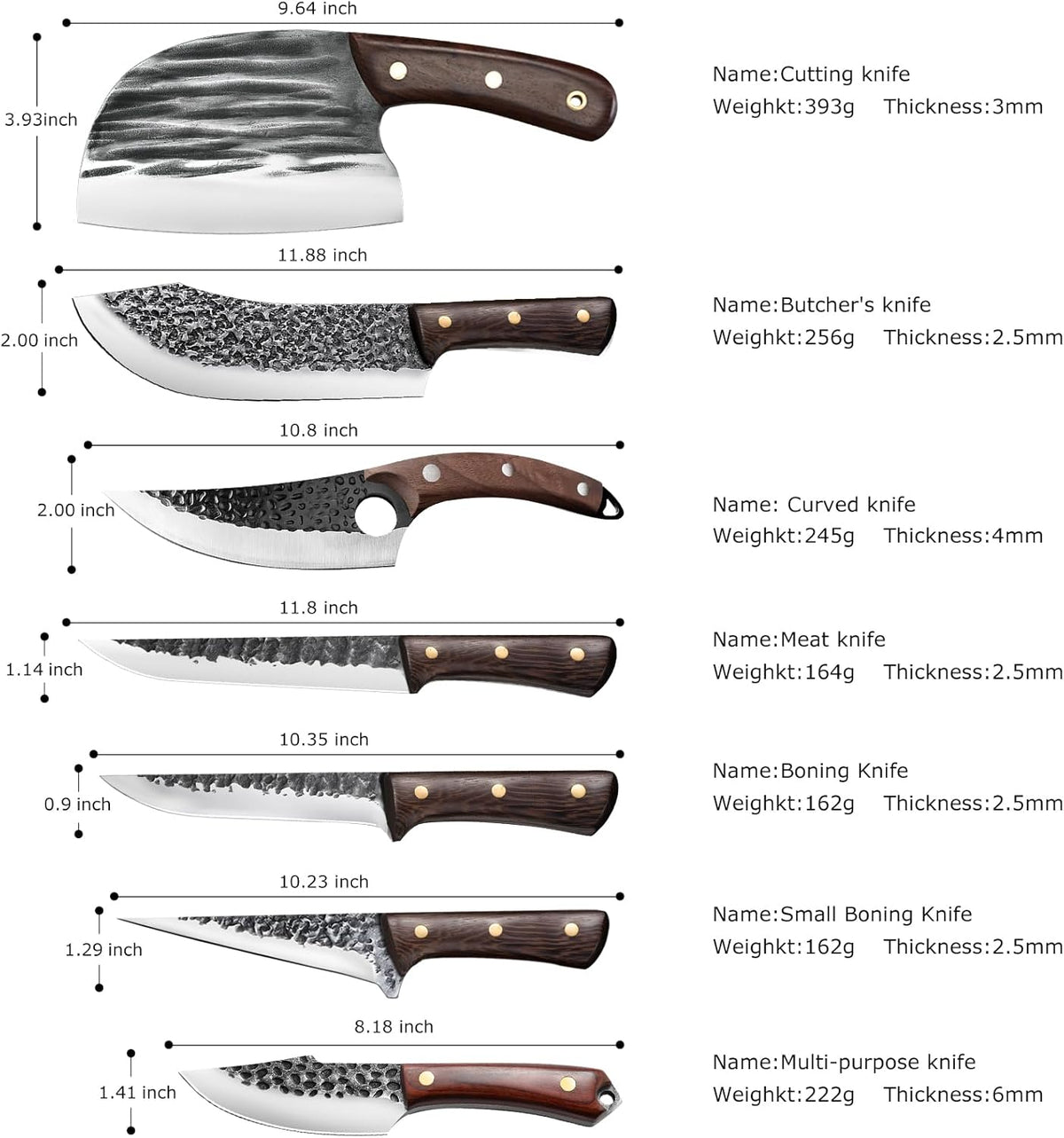 7 Pieces Butcher Knife Set with Roll Bag, Chef Knife Set for Meat Cleaver Cutting & Viking Knives with Ergonomic Handles, Stainless Steel Hand Forged Kitchen Knife Set for Home, Cooking, Camping