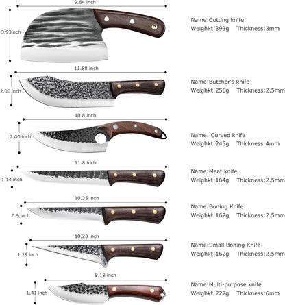 7 Pieces Butcher Knife Set with Roll Bag, Chef Knife Set for Meat Cleaver Cutting & Viking Knives with Ergonomic Handles, Stainless Steel Hand Forged Kitchen Knife Set for Home, Cooking, Camping
