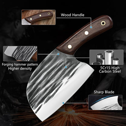 7 Pieces Butcher Knife Set with Roll Bag, Chef Knife Set for Meat Cleaver Cutting & Viking Knives with Ergonomic Handles, Stainless Steel Hand Forged Kitchen Knife Set for Home, Cooking, Camping