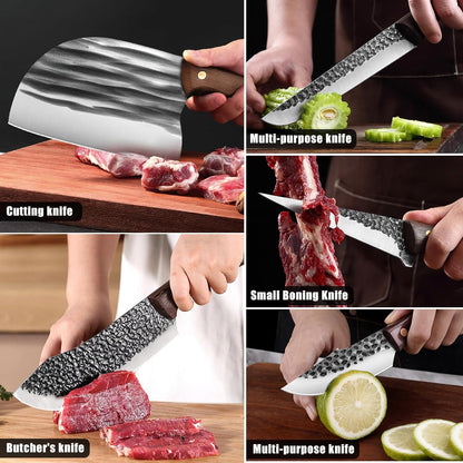 7 Pieces Butcher Knife Set with Roll Bag, Chef Knife Set for Meat Cleaver Cutting & Viking Knives with Ergonomic Handles, Stainless Steel Hand Forged Kitchen Knife Set for Home, Cooking, Camping
