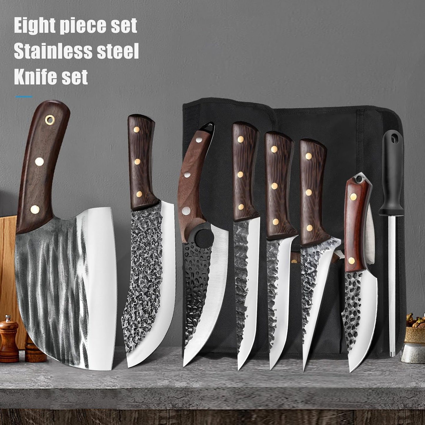 7 Pieces Butcher Knife Set with Roll Bag, Chef Knife Set for Meat Cleaver Cutting & Viking Knives with Ergonomic Handles, Stainless Steel Hand Forged Kitchen Knife Set for Home, Cooking, Camping
