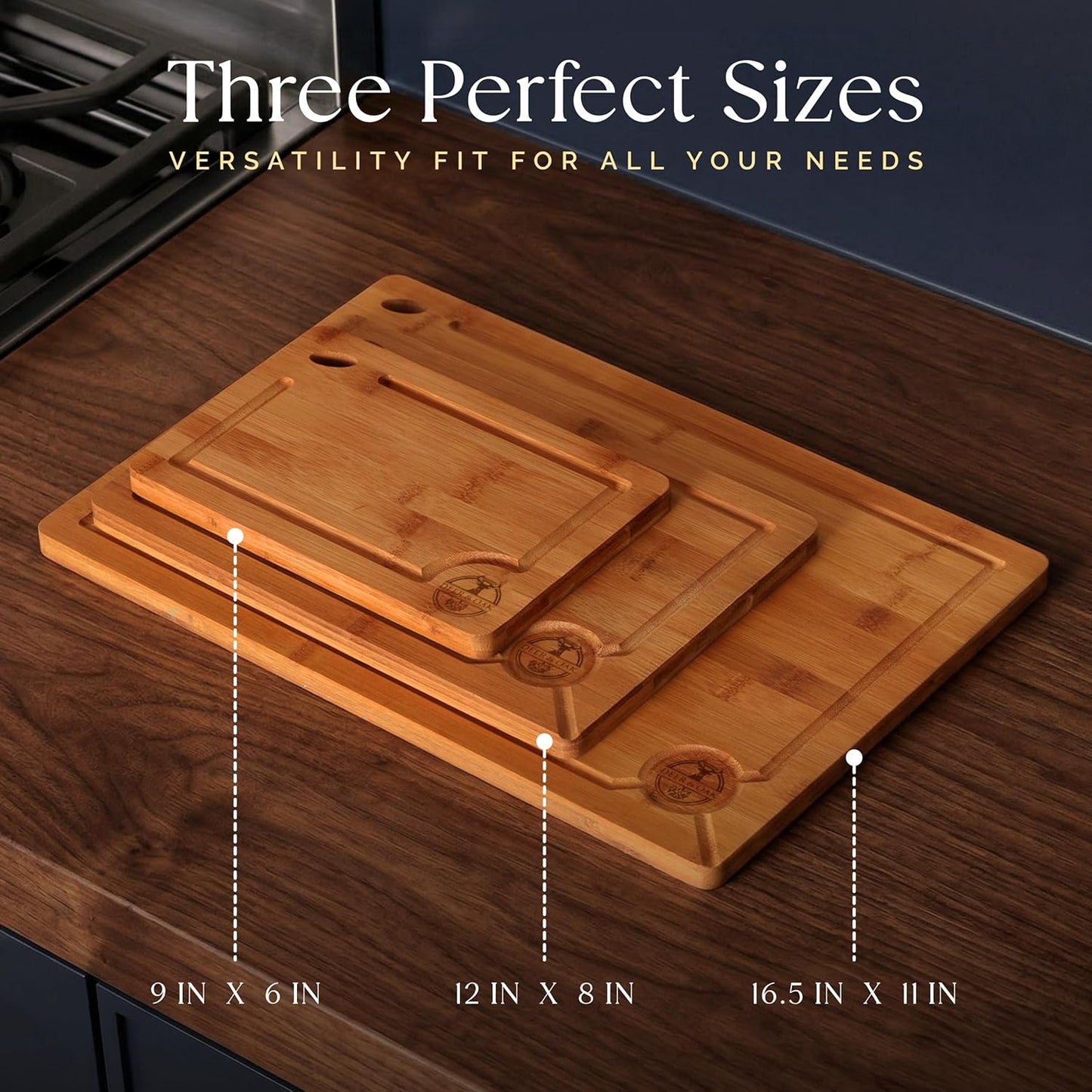 Pre-Oiled, Non Toxic 3-Piece Carbonized Bamboo Cutting Board Set, Eco-Friendly Wooden Chopping Boards for Kitchen with Hanging Hole, 500°F Carbonized Technology Charcuterie Serving Boards
