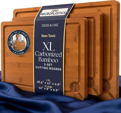 Pre-Oiled, Non Toxic 3-Piece Carbonized Bamboo Cutting Board Set, Eco-Friendly Wooden Chopping Boards for Kitchen with Hanging Hole, 500°F Carbonized Technology Charcuterie Serving Boards