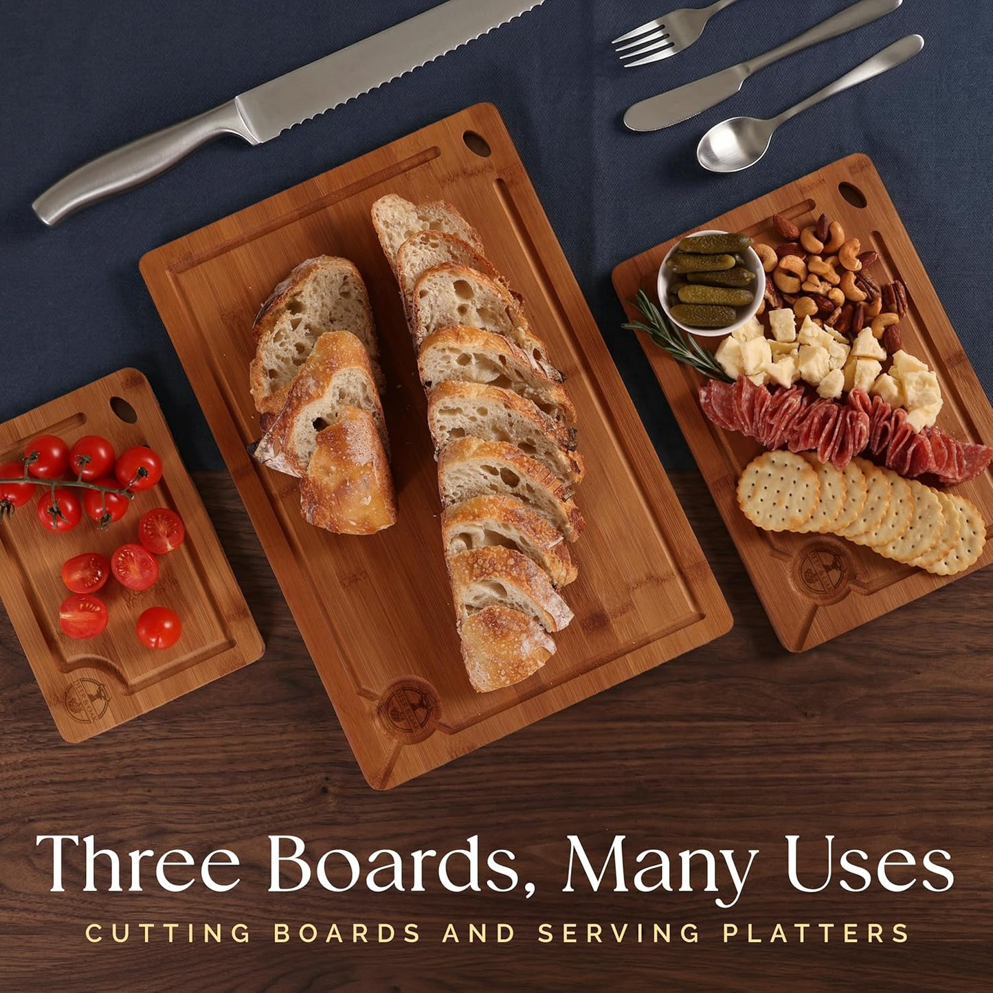 Pre-Oiled, Non Toxic 3-Piece Carbonized Bamboo Cutting Board Set, Eco-Friendly Wooden Chopping Boards for Kitchen with Hanging Hole, 500°F Carbonized Technology Charcuterie Serving Boards