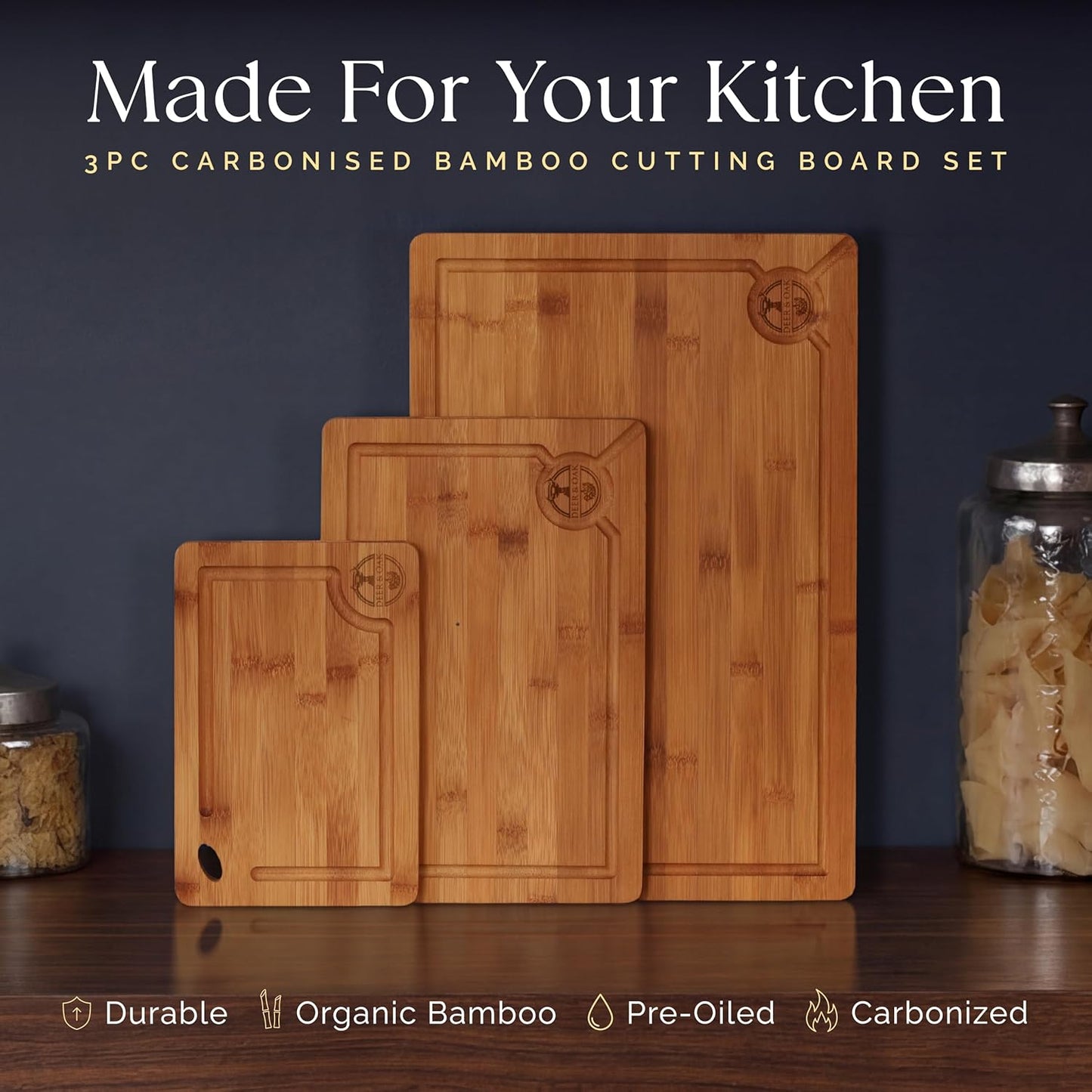 Pre-Oiled, Non Toxic 3-Piece Carbonized Bamboo Cutting Board Set, Eco-Friendly Wooden Chopping Boards for Kitchen with Hanging Hole, 500°F Carbonized Technology Charcuterie Serving Boards