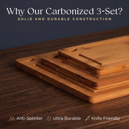 Pre-Oiled, Non Toxic 3-Piece Carbonized Bamboo Cutting Board Set, Eco-Friendly Wooden Chopping Boards for Kitchen with Hanging Hole, 500°F Carbonized Technology Charcuterie Serving Boards