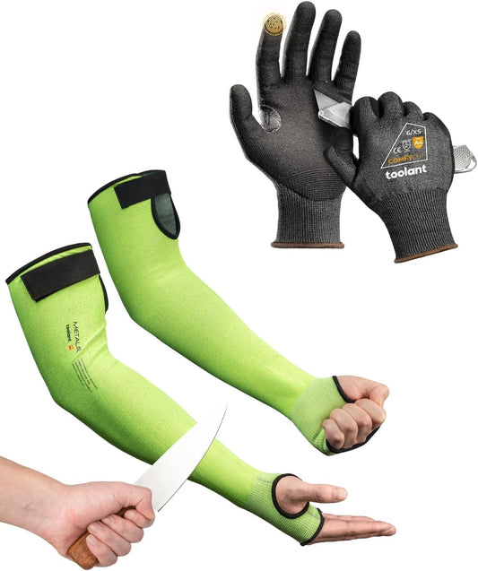 Metal Q Cut Resistant Set, Cut Resistant Sleeves for Thin Skin, Gardening, Pet Grooming & ANSI A4 Cut Resistant Work Gloves with Grip and Ultra Thin, Size Medium