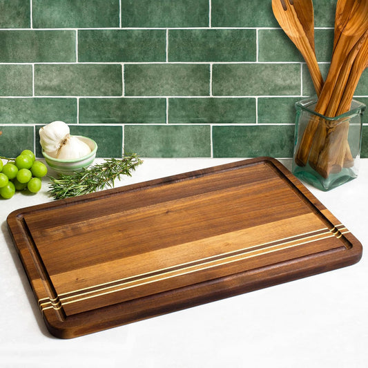 Rock & Branch Large Acacia Wood Cutting Board with Juice Groove – 18" Carving Board with Inlaid Pinstripes | Doubles as Oversized Charcuterie Serving Tray