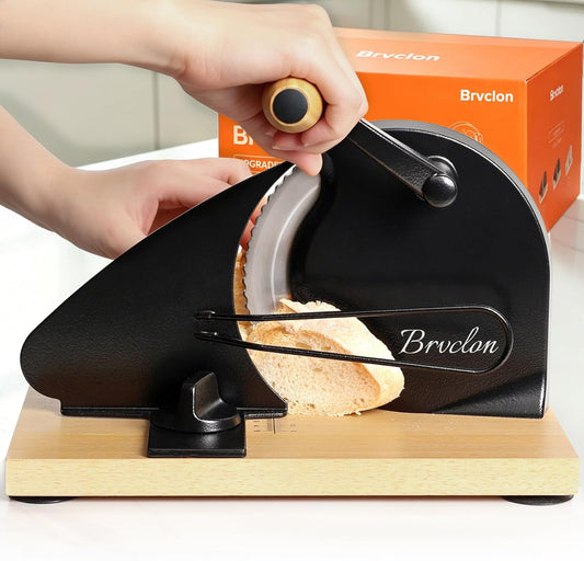 Brvclon Manual Bread Slicer Adjustable Thickness, Hand Crank Bread Slicer for Homemade Sourdough Bread with Scale Line & Suction Cup & Metal Guide,Quality Solid Wood Base & Gift-Level Packaging