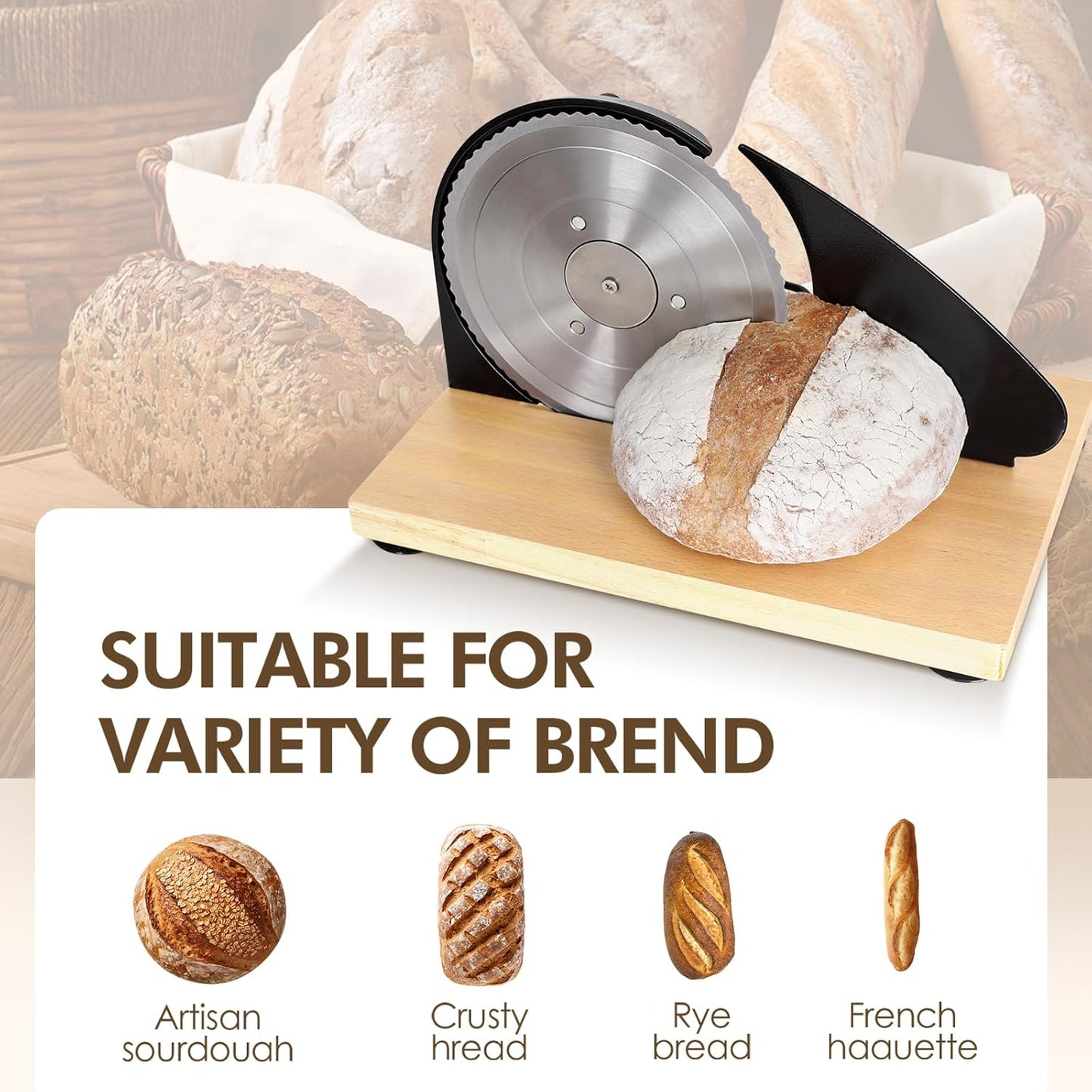Brvclon Manual Bread Slicer Adjustable Thickness, Hand Crank Bread Slicer for Homemade Sourdough Bread with Scale Line & Suction Cup & Metal Guide,Quality Solid Wood Base & Gift-Level Packaging