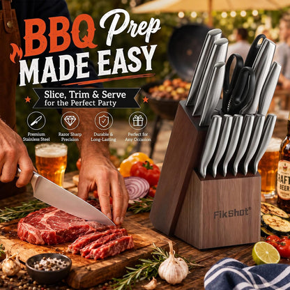 FIKSHOT 14 Pieces Knife Block Set German Stainless Steel with Sharpener