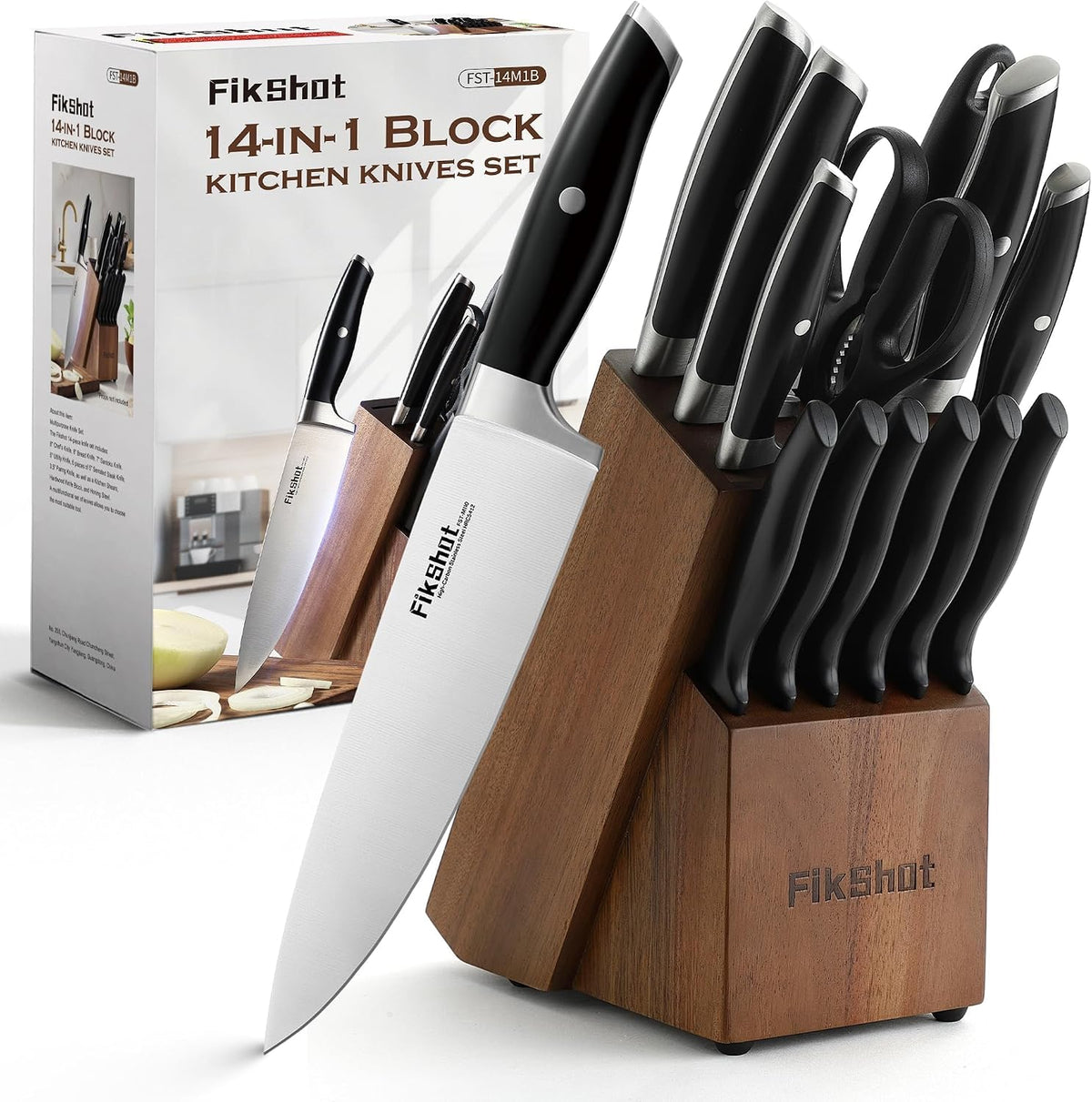 FIKSHOT 14 Pieces Knife Block Set German Stainless Steel with Sharpener