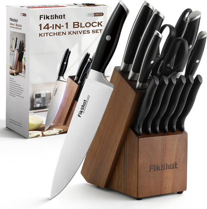FIKSHOT 14 Pieces Knife Block Set German Stainless Steel with Sharpener