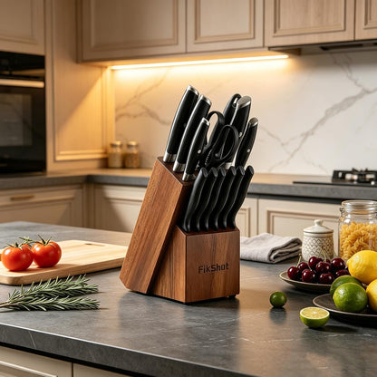 FIKSHOT 14 Pieces Knife Block Set German Stainless Steel with Sharpener
