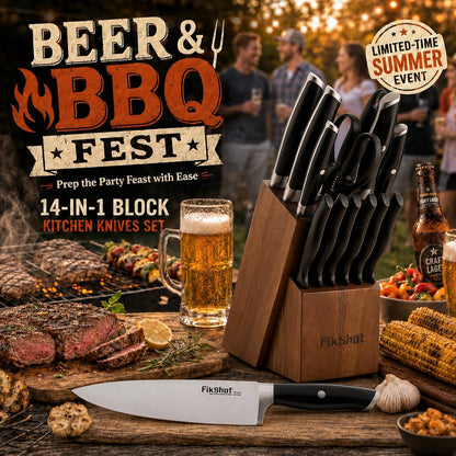 FIKSHOT 14 Pieces Knife Block Set German Stainless Steel with Sharpener