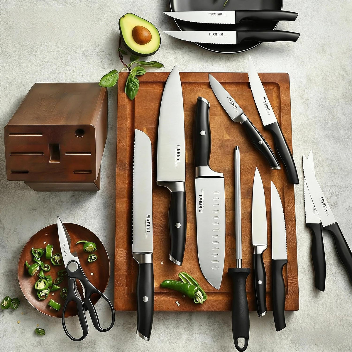 FIKSHOT 14 Pieces Knife Block Set German Stainless Steel with Sharpener