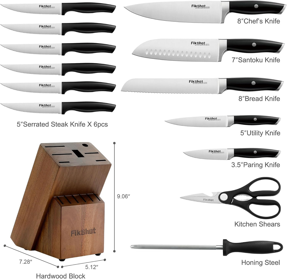 FIKSHOT 14 Pieces Knife Block Set German Stainless Steel with Sharpener