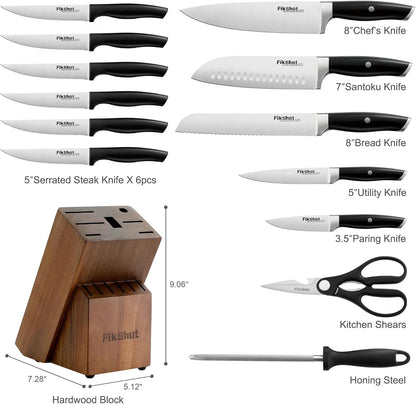 FIKSHOT 14 Pieces Knife Block Set German Stainless Steel with Sharpener