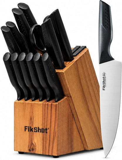 FIKSHOT 14 Pieces Knife Block Set German Stainless Steel with Sharpener