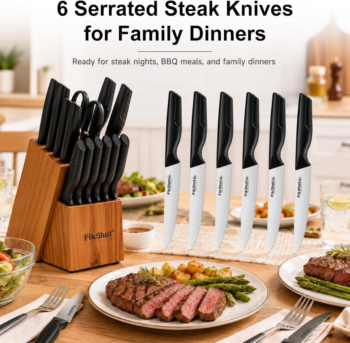 FIKSHOT 14 Pieces Knife Block Set German Stainless Steel with Sharpener