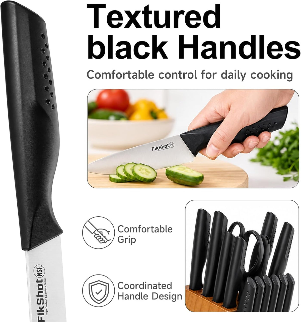 FIKSHOT 14 Pieces Knife Block Set German Stainless Steel with Sharpener