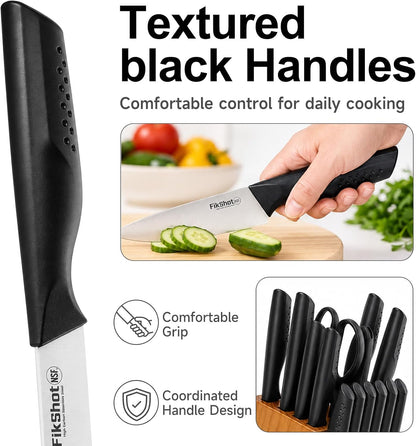 FIKSHOT 14 Pieces Knife Block Set German Stainless Steel with Sharpener