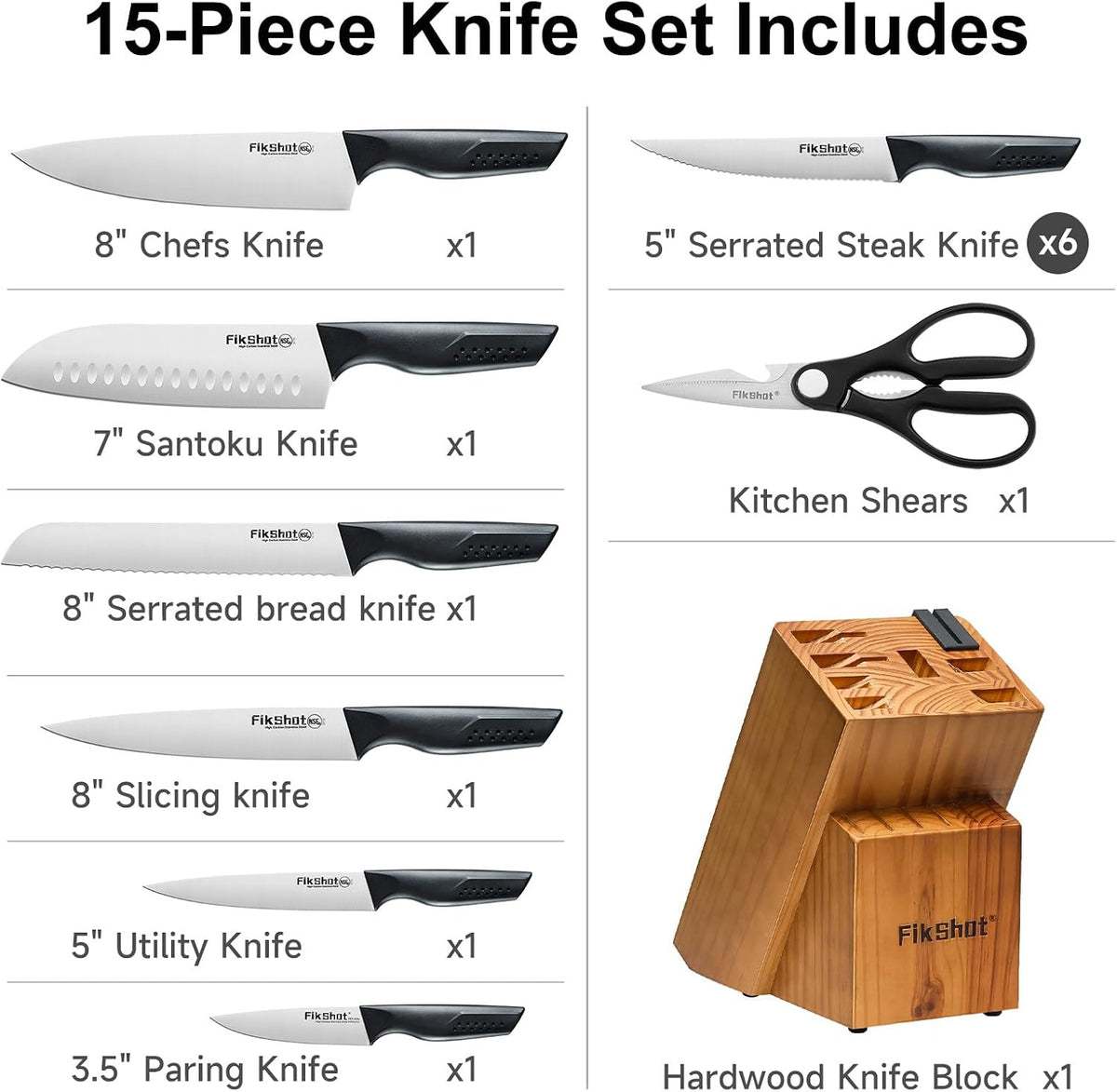 FIKSHOT 14 Pieces Knife Block Set German Stainless Steel with Sharpener