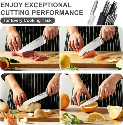 FIKSHOT 14 Pieces Knife Block Set German Stainless Steel with Sharpener