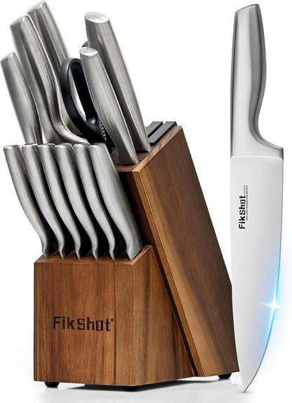 FIKSHOT 14 Pieces Knife Block Set German Stainless Steel with Sharpener