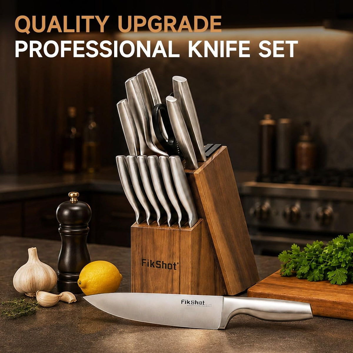 FIKSHOT 14 Pieces Knife Block Set German Stainless Steel with Sharpener